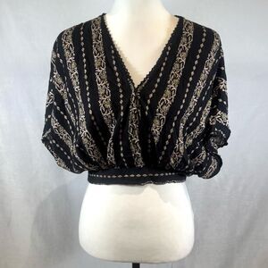 Angie black ditsy floral faux wrap boho crop top size large